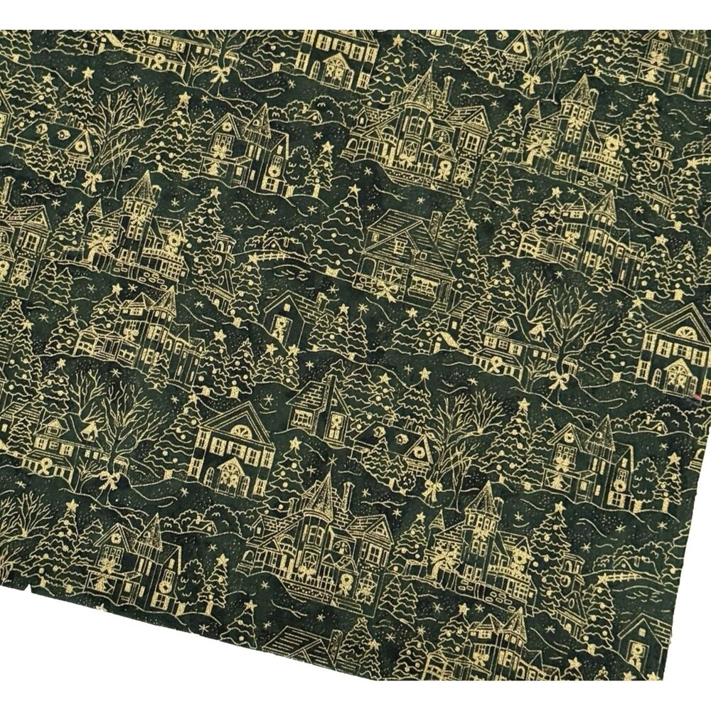 Vtg 50s Xmas Houses Village Gold Metallic Green Cotton Quilt Fabric 1yd x 40.5W